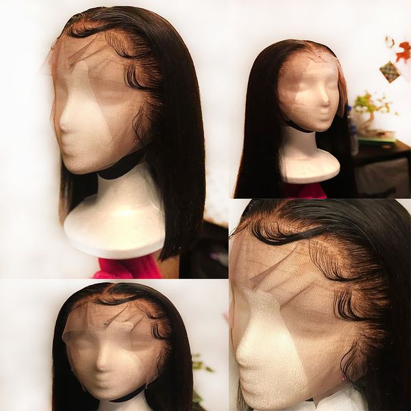 

13*6 invisible lace front straight black real human hair wig for women remy brazilian pre plucked bleached knots with baby hair