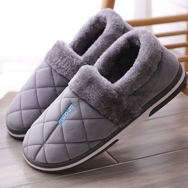 

whoholl large size 50 men's slippers gingham plush winter slippers men soft non-slip warm home for men 2020 new arrival, Black