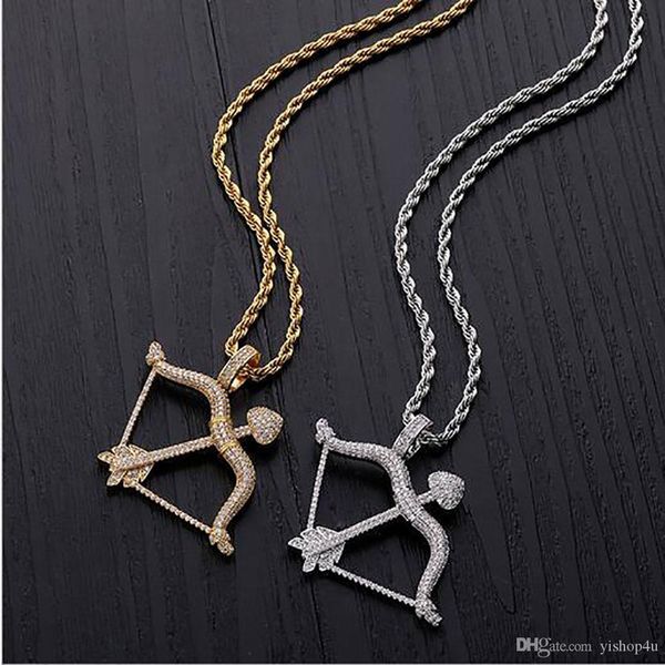 

14k gold iced out arrow of cupid pendant necklace cz bling pendant mens hip hop micro pave cubic zirconia simulated diamonds, Silver