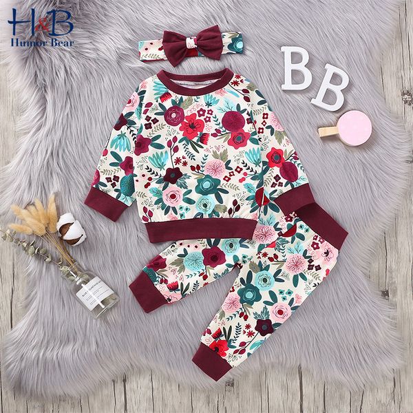 

humor bear spring&autumn baby girls clothes sets flower long sleeves t-shirt+pants+bowknot headband 3pcs toddler clothing suit, White