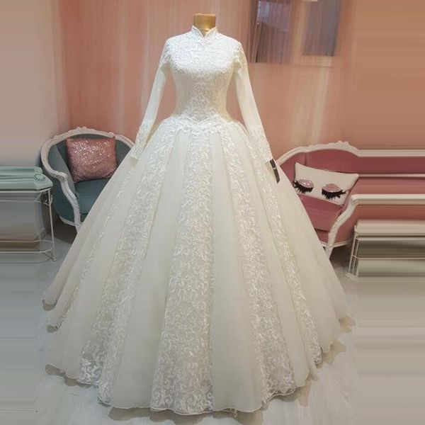 

2020 vintage arabic bridal gown islamic muslim wedding dresses high neck arab ball gown lace hijab long sleeves princess bridal gowns, White