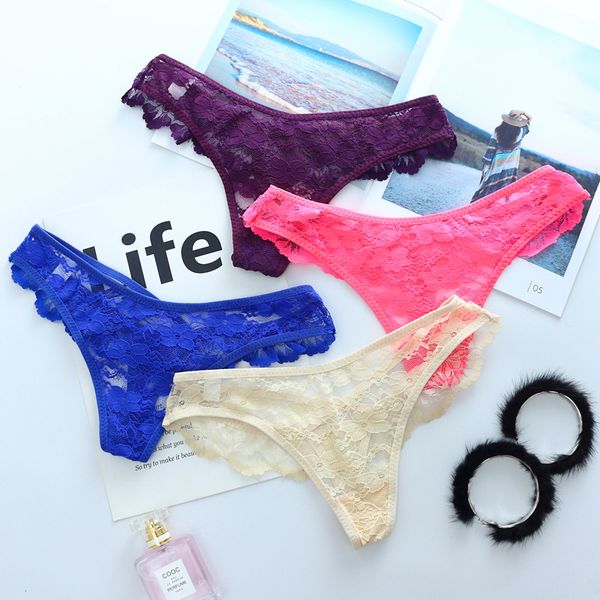 

sitonjwly women's lace thong panties underwear hollow transparent g-string lingerie ladies seamless briefs tangas knickers, Black;pink
