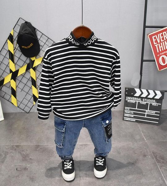 

children clothing baby boys clothing sets cute clothes kids long sleeve striped t-shirt and jeans 2pcs set 2-6years, White