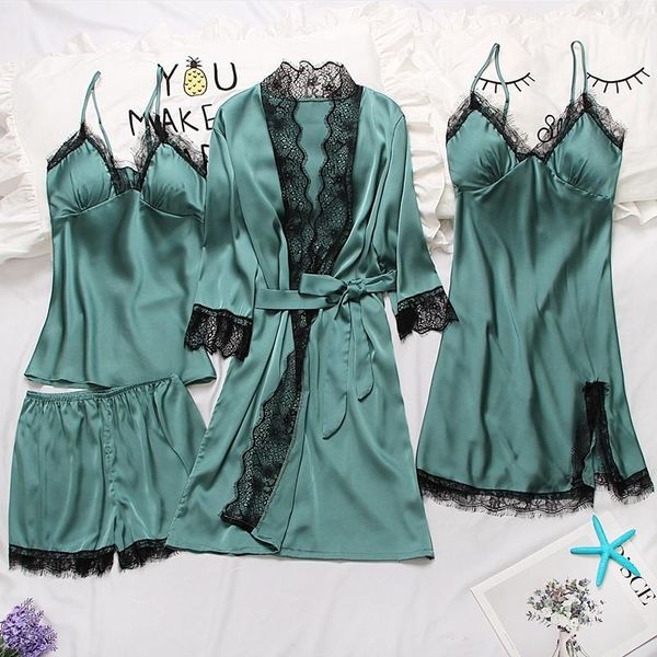 

women s robe & gown sets lace bathrobe night dress 4 four pieces sleepwear womens sleep set faux silk robe femme lingerie t200111