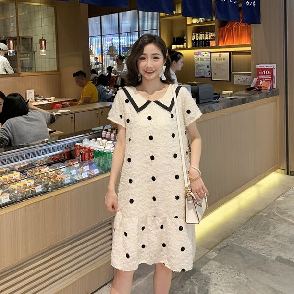 

9794g беременных женщин одежда лето 2019 новой моды шифона вышитые полька материнство платье свободно похудение лацкане беременных женщин, Black;gray