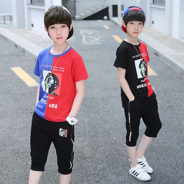 

children teens boys clothing set summer korean fashion boys patchwork clothes teenager outfit for 4 5 6 7 8 9 10 11 12 years, White