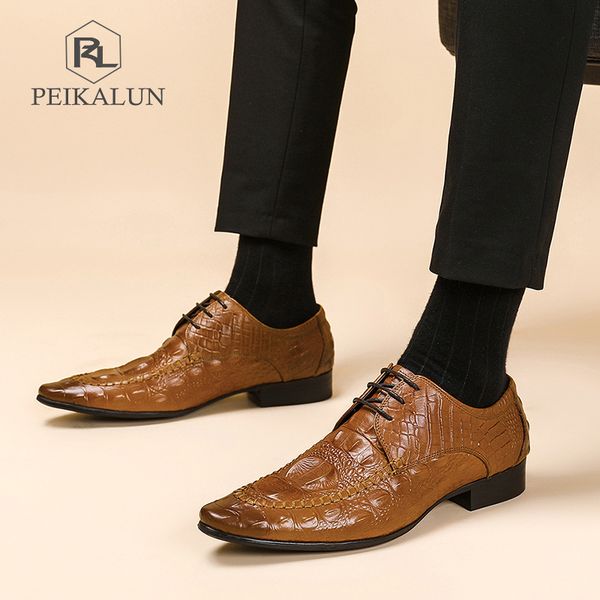 

powerful2020 men's dress crocodile british shoes genuine leather oxfords, Black