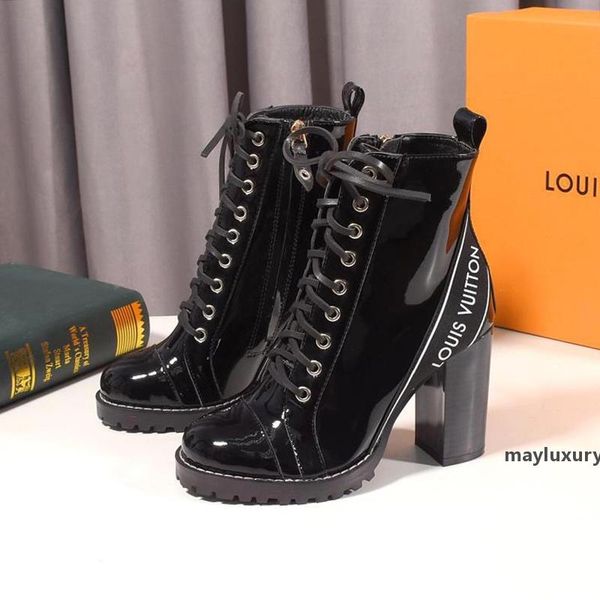 

new women ankle boots fashion leather chunky high heel ladies luxury style star trail ankle boot chaussures de femme womens shoes fashion ty, Black