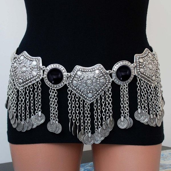 

turkey gypsy hippie coin long tassel women belly chain ethnic boho india beach flower bikini dance belt body waist jewelry t200508, Silver
