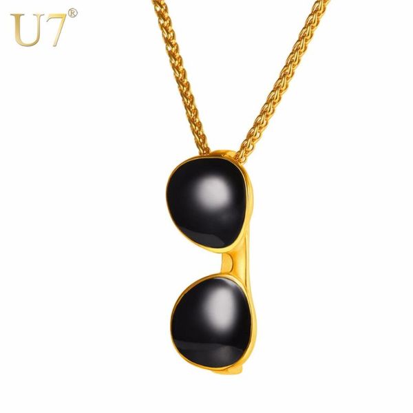 

u7 necklace black enamel sunglasses stainless steel pendant & chain gold color christmas gift new jewelry necklaces p1141, Silver