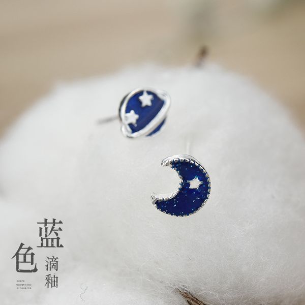 

stud earrings womens sterling silver blue planet creative stars moon asymmetric small earrings korean-style simple earrings, Golden