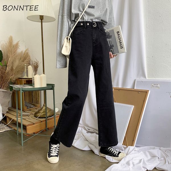 

jeans womens high adjustable waist casual women trousers basic all-match vintage straight harajuku korean style fashion lady new, Blue