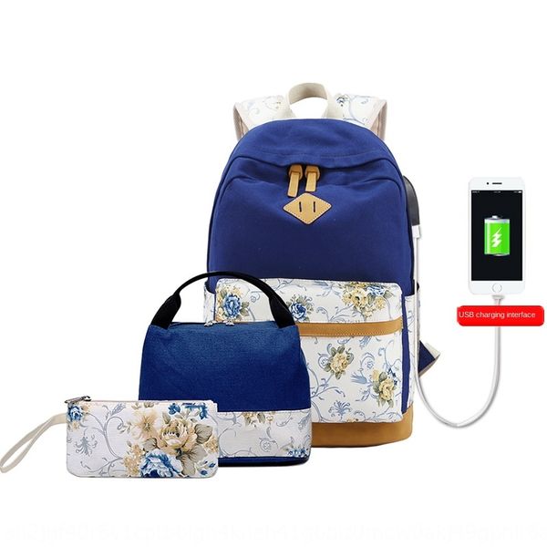 

new middle school student schoolbag ethnic style canvas three-piece thermal insulation backpack canvas backpack lunch bag