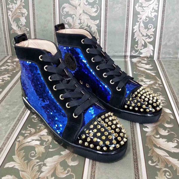 

2020 fashion luxury red bottom studded spikes flats shoes for men women glitter sequin party lovers genuine leather casual sneakers, Black
