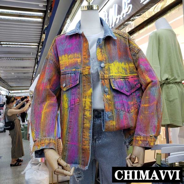 

retro denim coats women 2020 spring and autumn new cool street gradient graffiti jeans coat student casual denim jackets coats, Black;brown