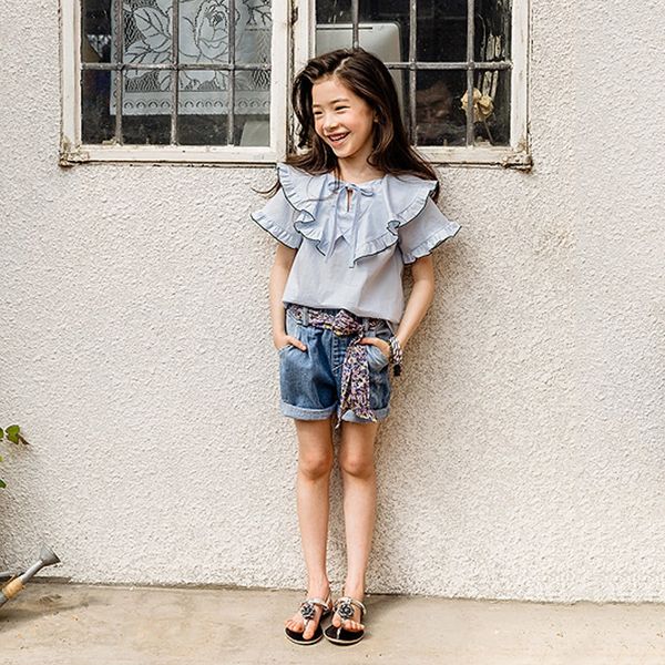 

new 2020 summer children's fashion lace waist head jeans and jeanslace jeanshole jeans girlsbelt hole shorts parent-child, Blue