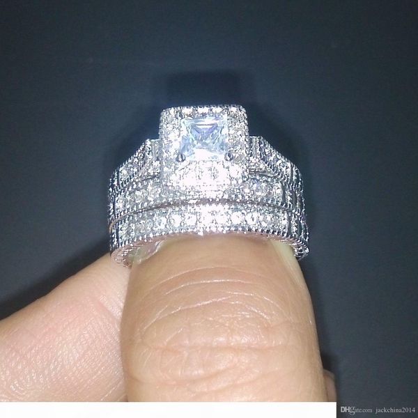 

s size5 6 7 8 9 10 retro vintage princess cut jewelry 10kt white gold filled gf whitr z women wedding bridal ring set gift, Silver