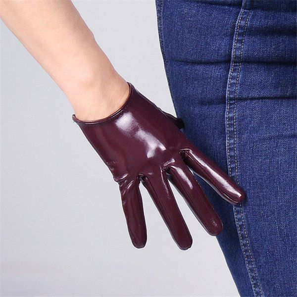 

woman patent leather pu gloves short style 16cm simulation leather wine red bright gloves female dance party p16-9, Blue;gray
