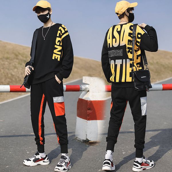 

mens sportwear sets tracksuit men sweatshirts pullover casual jackets elastic pant set 2020 spring coat pant suit for male, Gray