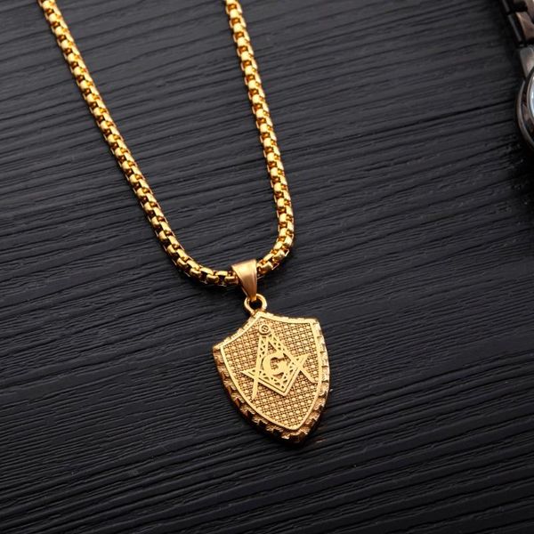 

antique masonic ason logo on shield charm necklace in stainless steel, Silver