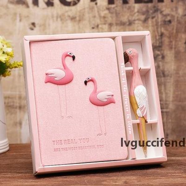 

school supplies notebook gift box set notebook pink girl notebook lovers flamingo planners stationery with a rollerball pen, Purple;pink