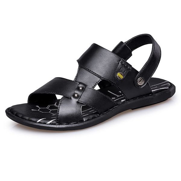 

big size mens casual cow leather summer seaside shoes outdoor open toe beach sandals flat flip flop black brown slippers zapatos cs07