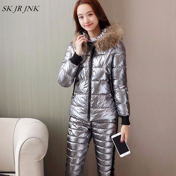 

женщины зима 2 бюстье real меховой воротник с капюшоном wadded пальто + брюки костюм вниз хлопок серебро яркие теплые штаны mujer печати pw7, Gray