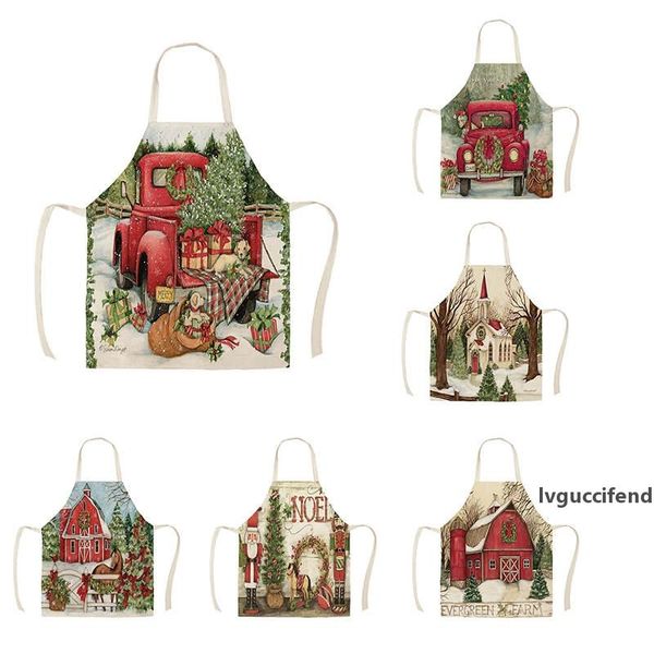 

1pcs kitchen apron red truck christmas wish tree printed sleeveless cotton linen aprons for men women home cleaning tools55*68cm