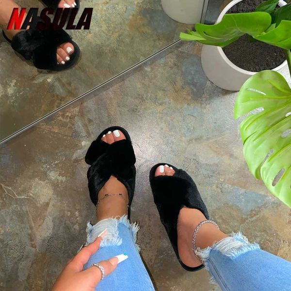 

nasula women fluffy winter sandal cross plush open toe sandal soft flat shoes warm faux fur slipper home female shoes, Black