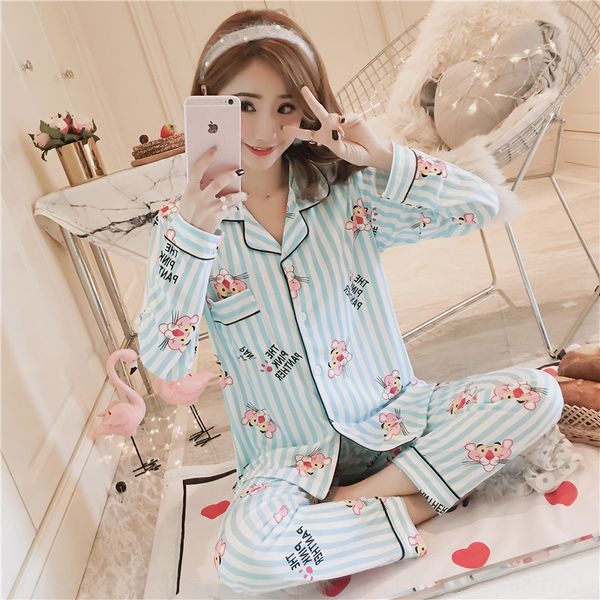

cardigan women's pajamas autumn long sleeve korean style women's pajamas cute extra winter two-piece home clothes suit, Blue;red