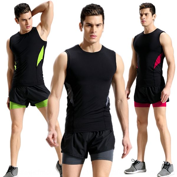 

summer sports suit men's vest and shorts stretch tight quick-drying vest double-layer running shorts muscle brothers fitness suit, Black