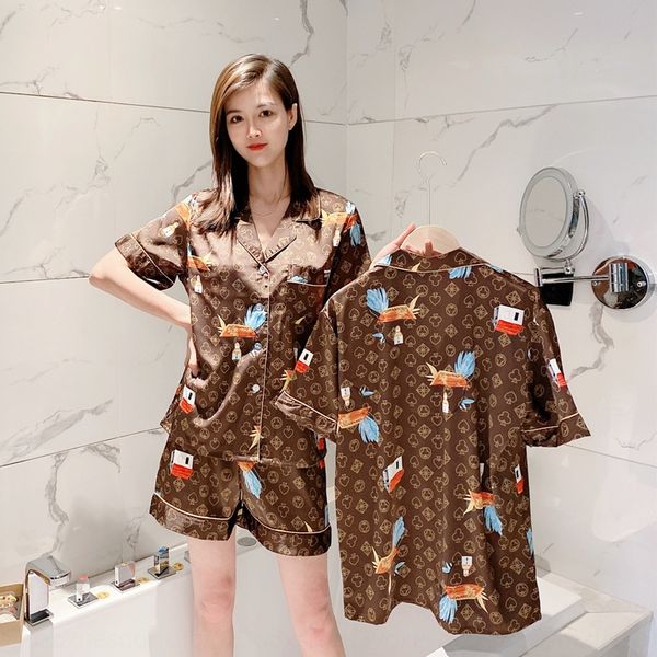 

mjc3h couple pajamas ins fashion home clothes short skirt korean style short-sleeved shorts ice silk two-piece cartoon printed thin silk hom, Blue;red