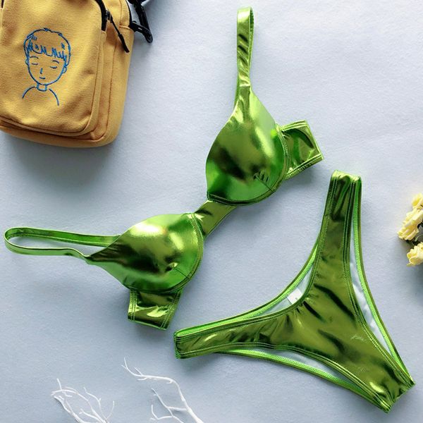 

leather sequins shiny bikini 2020 push up swimsuit women swimwear female two-pieces bikini set bra cup bather bathing suit swim, White;black