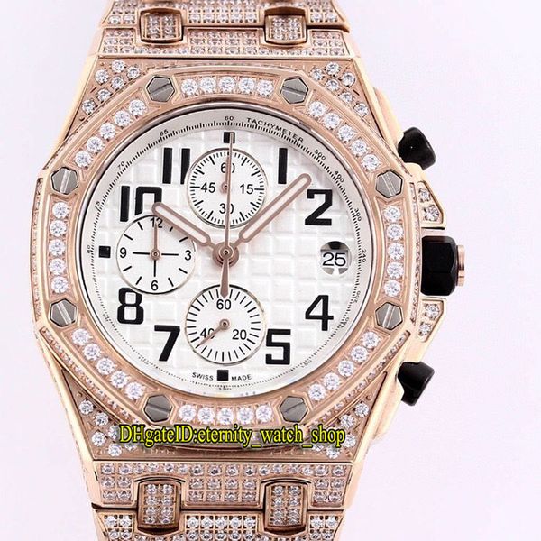 

rf iced out full 18k rose gold diamonds case royal 26470or 26170or 26408 white dial japan vk quartz chronograph mens watch satch watches, Slivery;brown