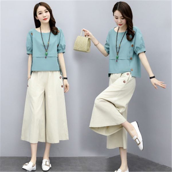 

cotton and linen wide-leg pants suit female 2020 summer fashion new foreign style retro was thin linen casual two-piece tide 095, White