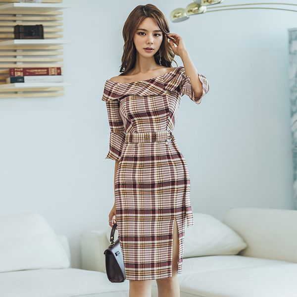 

coigarsam plaid women dress new summer spring slash neck high waist dresses 1299, Black;gray
