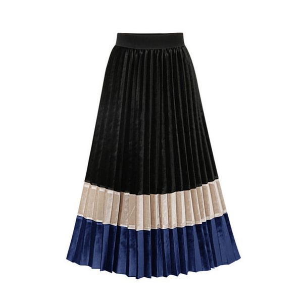 

autumn coloured velvet pleated skirt women 2020 high waist midi womens skirts female faldas largas mujer para fiesta, Black
