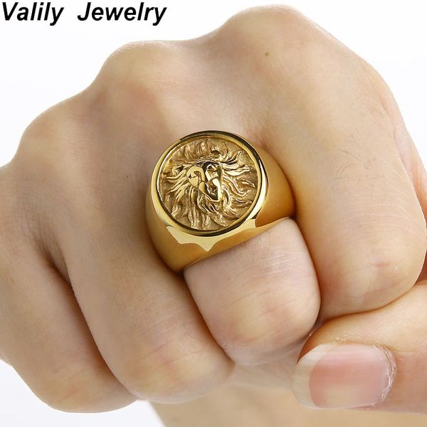 

valily men ring punk gold lion ring 316l stainless steel biker round animal rings jewelry party power design jewel, Golden;silver