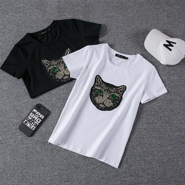 

20s new designer fashion casual blouse ladies summer short-sleeved cat pattern ladies t-shirt neutral t-shirt, White