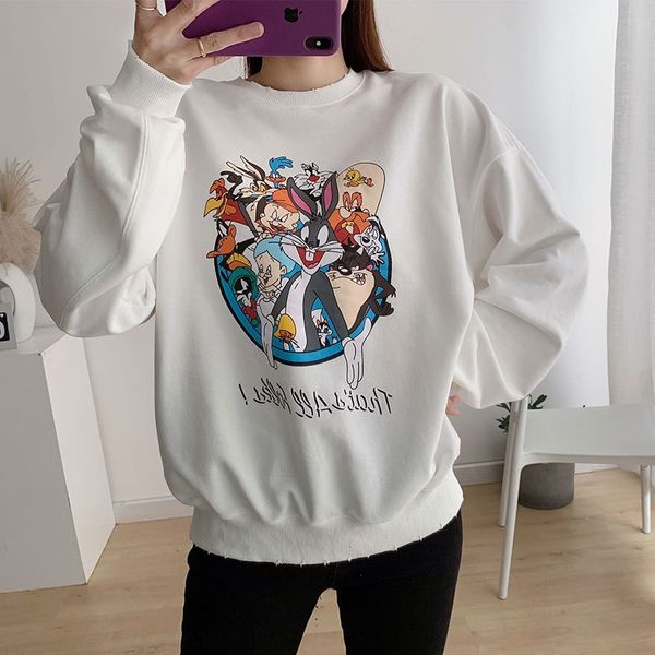 

тондэмун весной и осенью новый корейский стиль свитер женщин терри свитер женский топ милый напечатанный свободный большой размер верхней, Black