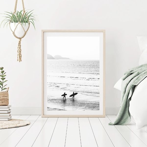 

black white coastal surfing seascape canvas painting sea wave surfboard posters & prints wall art pictures for living room home decor