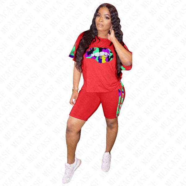 

женщины tracksuit письма камуфляж губы печать короткие рукава футболка шорты лоскутная два кусочка нижнее спортивный костюм s-4xl d7713, Gray
