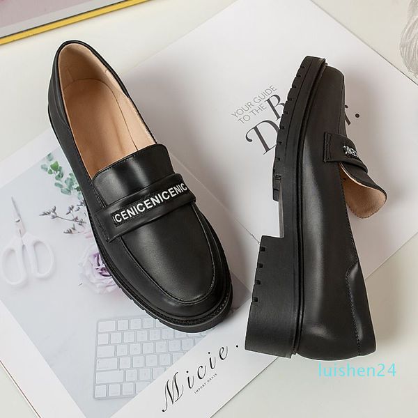 

rizabina size 30-44 women flats round toe pu leather shoes women platform simple office casual slip on flats footwear l24, Black