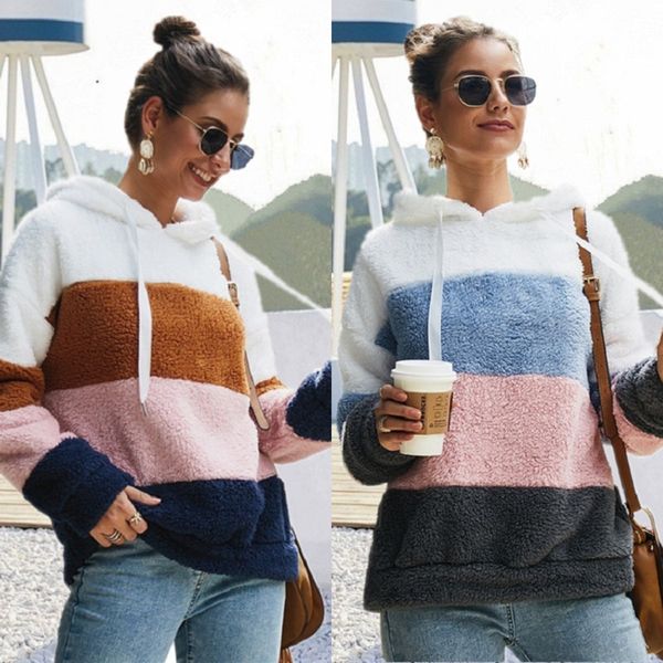 

горячая продажа женской 2020 зимних женских свитера top осенью и зимой шить плюшевый капюшон свитер топ, Black