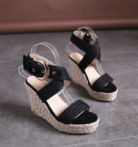 

my-love 2020 женская обувь платформы сандалии женщин peep toe высокий каблук клинья лодыжки пряжки сандалии espadrilles женский, Black