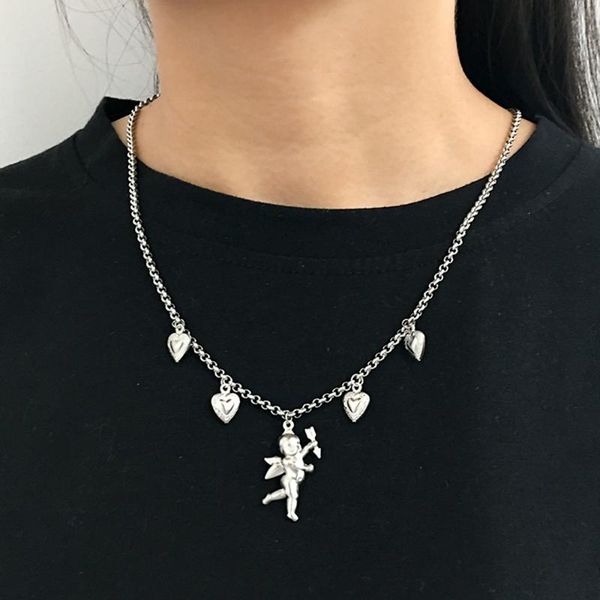 

2020 new fashion love angel wing love heart bell clavicle chain necklace cute gift for girls women choker jewelry accessories, Silver