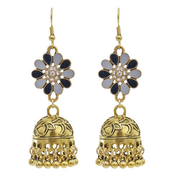 

vintage ethnic style tassel bell beads with enamel flower-shaped jhumka earrings for women party jewelry, Silver