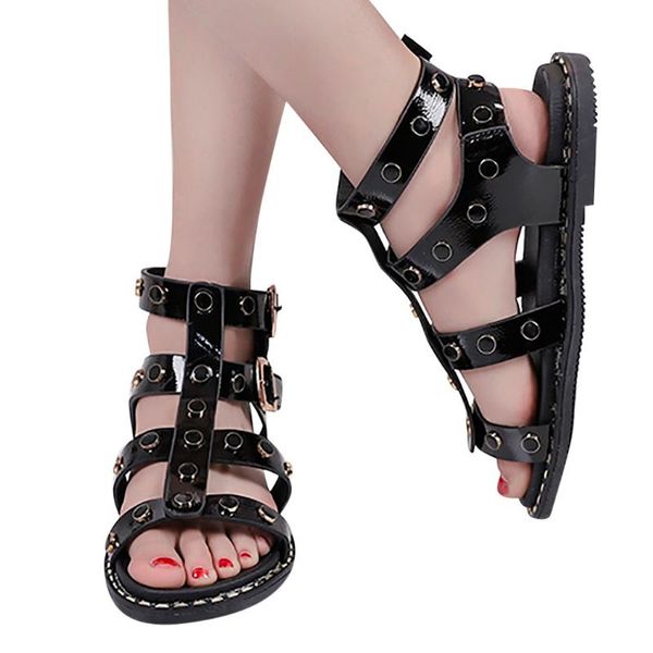 

sagace women sandals summer flat ladies ring buckle rivets fashion casual all-match sandals t-type non-slip females shoes, Black