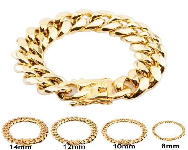 

8mm/10mm/12mm/14mm/16mm/18mm mens 18k gold plated stainless steel bracelets high polished miami cuban link punk curb gold bracelets, Black