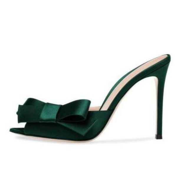 

enmayer thin heel stiletto slipper shoes lady peep toe bowtie satin slides black green mules summer women shoes slippers